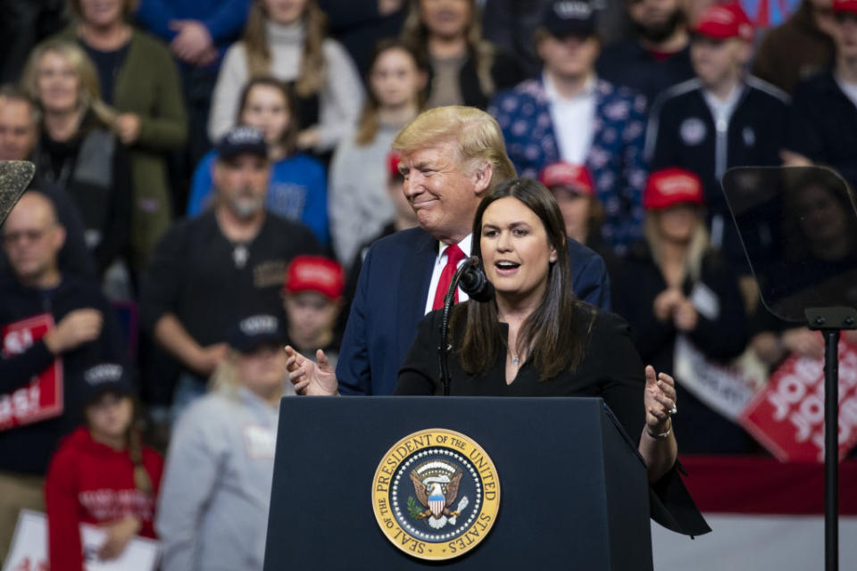 Sarah Huckabee Sanders, former White House press secretary, speaks as US President Donald Trump listens during a rally in Des Moines, Iowa.