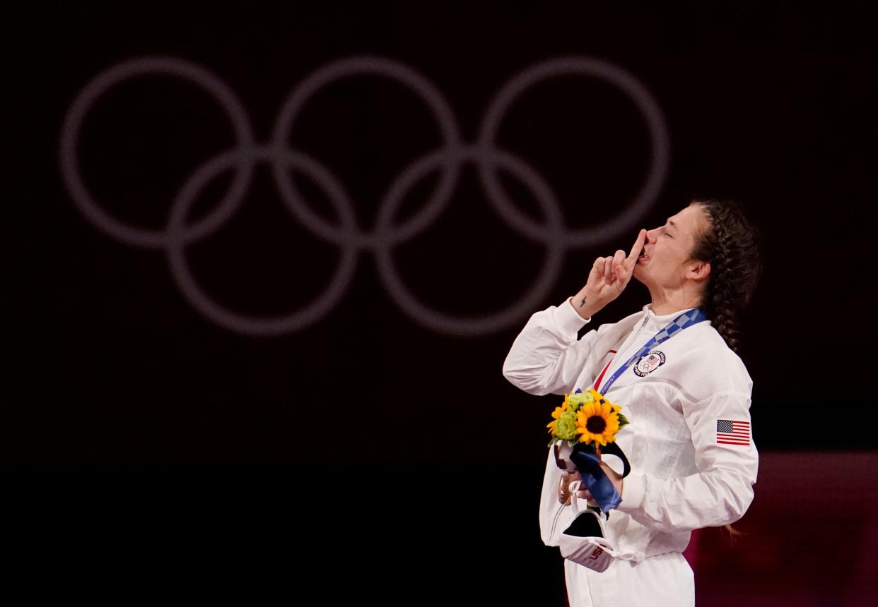 Aug 7, 2021; Chiba, Japan; Sarah Ann Hildebrandt (USA) celebrates her bronze medal in the women's freestyle 50kg wrestling competition during the Tokyo 2020 Olympic Summer Games at Makuhari Messe Hall A. Mandatory Credit: Mandi Wright-USA TODAY Sports