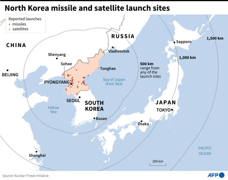 Map showing North Korea's missile and satellite launch sites, and neighbouring countries (John SAEKI)