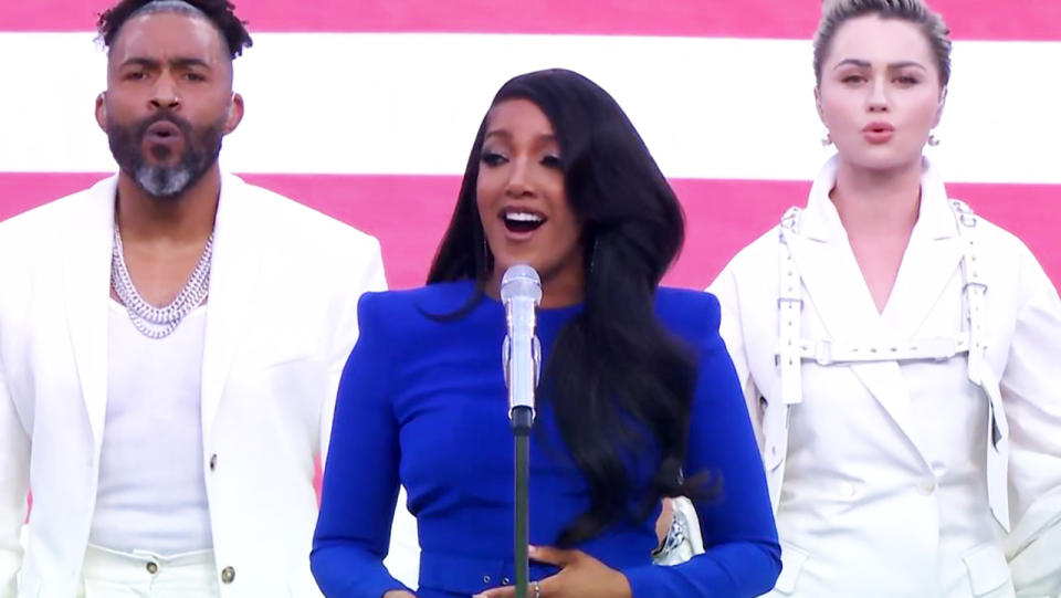 Mickey Guyton, pictured here performing the national anthem at the Super Bowl.