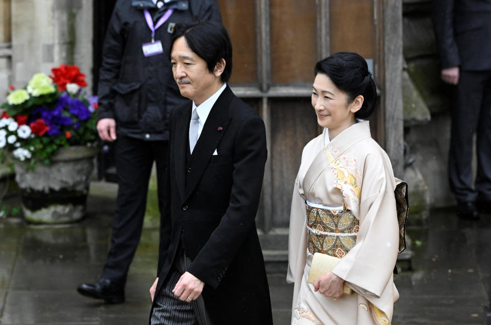 Crown Prince Fumihito of Japan and Crown Princess Kiko arrive to attend the Coronation of King Charles III and Queen Camilla. / Credit:  / Getty Images