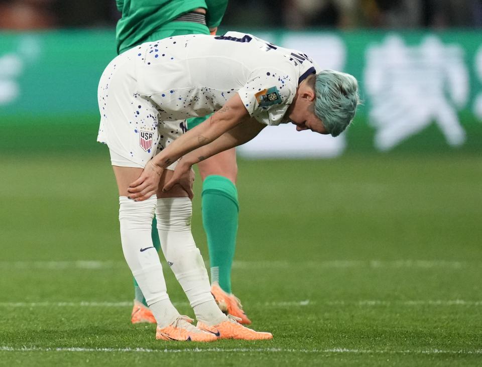 United States forward Megan Rapinoe reacts after the USWNT's loss to Sweden during their World Cup round of 16 match at Melbourne Rectangular Stadium in Melbourne, Australia on August 6, 2023.