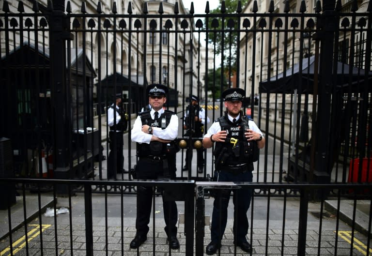 British police officers stand on duty outside the gated entrance to Downing Street in central London on June 28, 2016