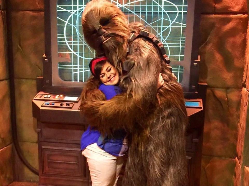 dana hugging chewbaca at disneyland