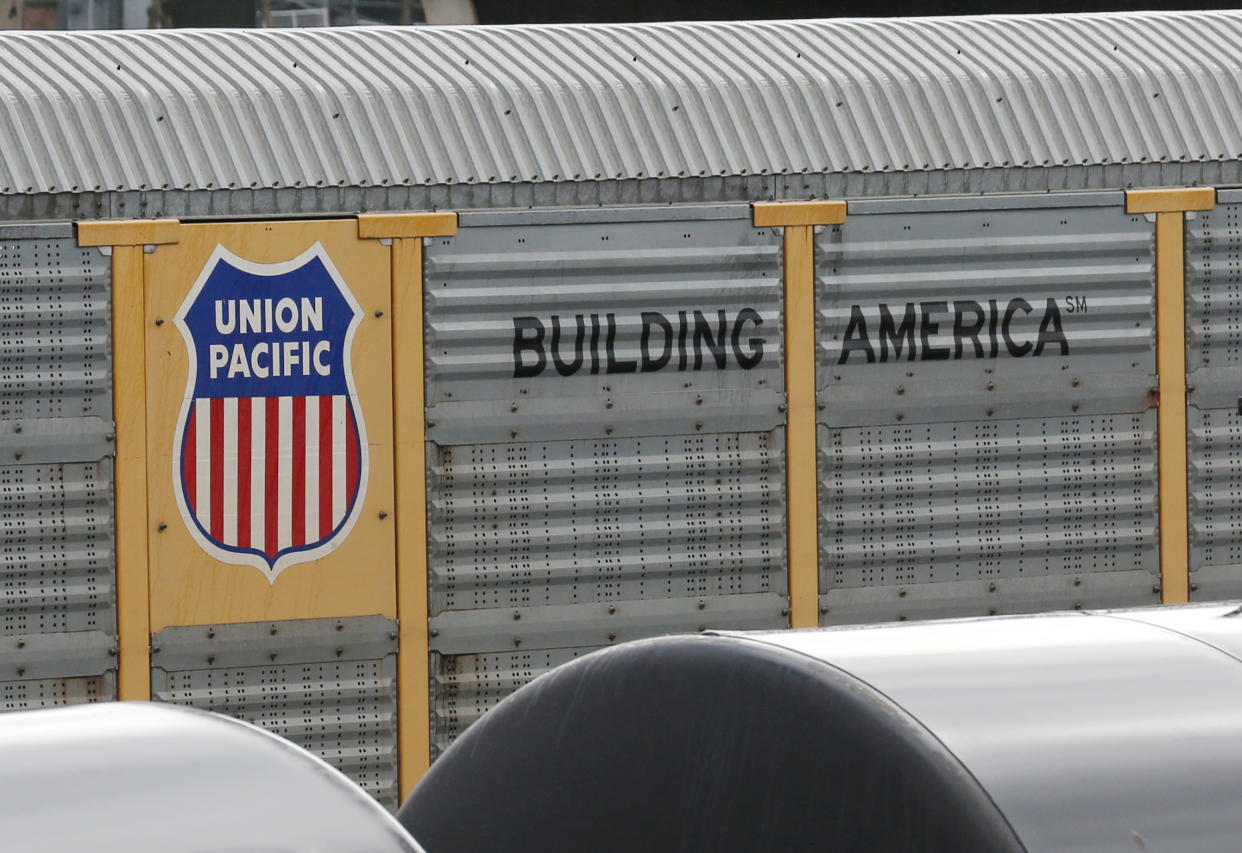 A Union Pacific rail car is parked at a Burlington Northern Santa Fe (BNSF) train yard in Seattle, Washington, U.S., February 10, 2017.  REUTERS/Chris Helgren