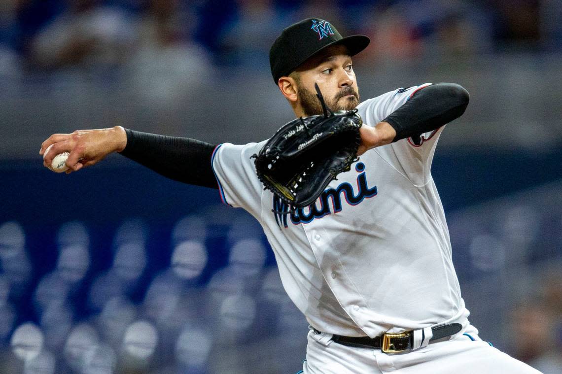 Miami Marlins pitcher Pablo Lopez (49) throws the ball during the third inning of an MLB game against the Chicago Cubs at loanDepot park in the Little Havana neighborhood of Miami, Florida, on Tuesday, September 20, 2022.