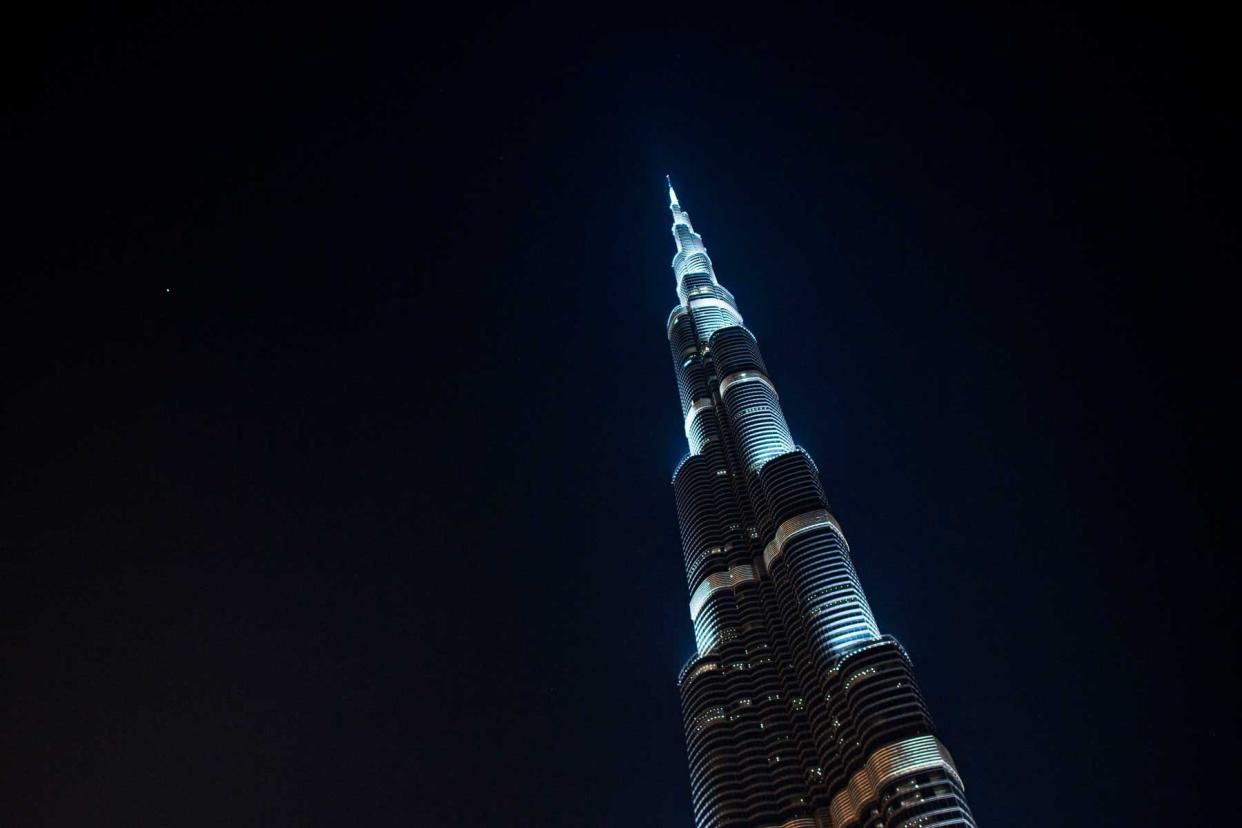 Exterior night view of the Burj Khalifa world's tallest skyscraper at 828 m (2,717 ft) in Dubai