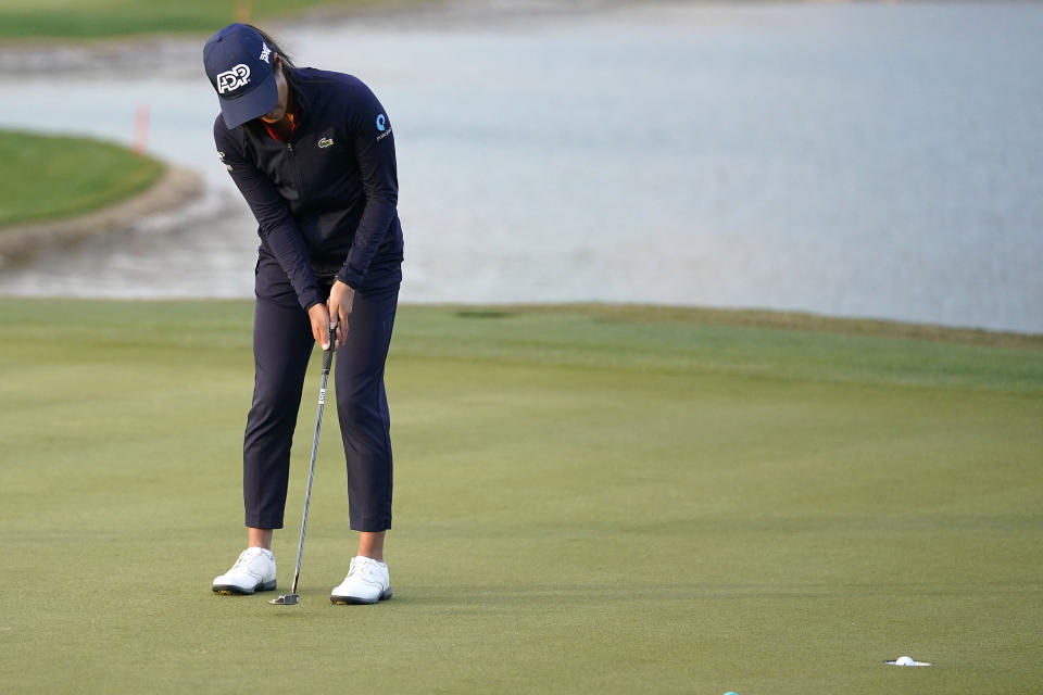 Celine Boutier's makes a putt on playoff hole allowing her to win the Drive On Championship golf tournament, Sunday, March 26, 2023, in Gold Canyon, Ariz. (AP Photo/Darryl Webb)