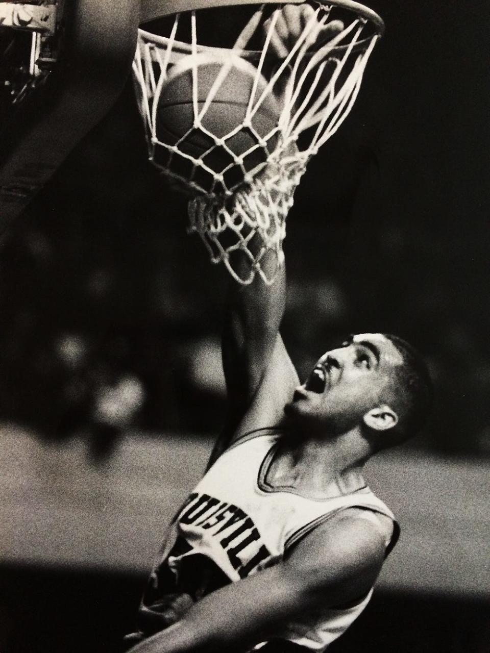 UofL's Felton Spencer rose to the occasion - literally for this dunk - when Pervis Ellison got into foul trouble, Scoring s career-high 20 points. 3/3/1988.