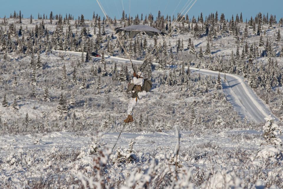 A U.S. Army Soldier from 3rd Battalion, 509th Parachute Infantry Regiment, 2nd Infantry Brigade Combat Team (Airborne), 11th Airborne Division, conducts airborne operations during Joint Pacific Multinational Readiness Center 24-02 (JPMRC-AK 24-02) at Donnelly Training Area, Alaska, Feb 8, 2024.