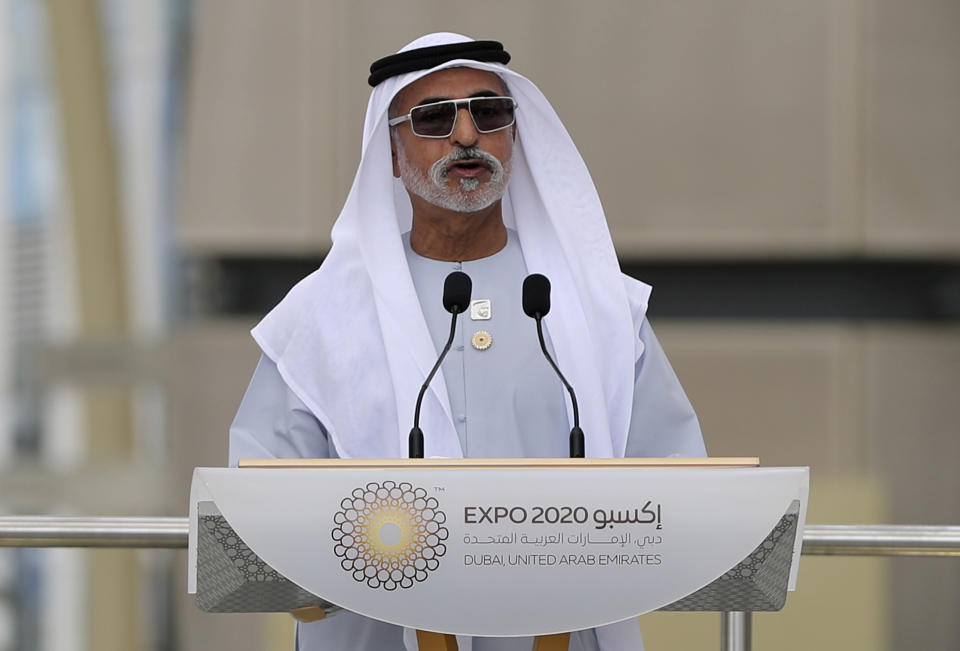 Sheikh Nahyan bin Mubarak Al Nahyan, UAE Minister of State for Tolerance, talks during a ceremony celebrating Uganda National Day at the Dubai Expo 2020 in Dubai, United Arab Emirates, Sunday, Oct. 3, 2021. (AP Photo/Kamran Jebreili)