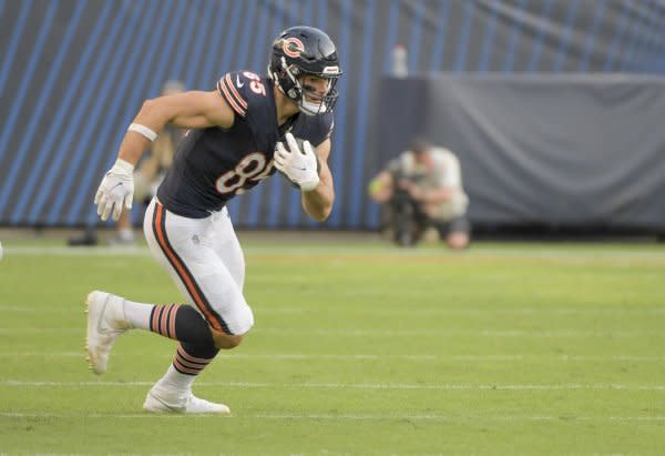 Chicago Bears tight end Cole Kmet runs after making a catch against the Green Bay Packers on Sunday at Soldier Field in Chicago. Photo by Mark Black/UPI