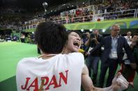 <p>Kohei Uchimura (JPN) of Japan celebrates winning gold in the men’s individual all-around final. REUTERS/Damir Sagolj </p>