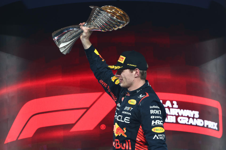 Max Verstappen of Red Bull Racing at podium of the Formula 1 Abu Dhabi Grand Prix at Yas Marina Circuit in Abu Dhabi, United Arab Emirates on November 26, 2023.