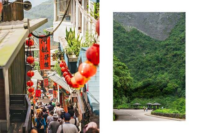 <p>Sean Marc Lee</p> From left: The famous red lanterns of Old Street, in the Taiwanese mountain town of Jiufen; the steep coastal cliffs of Qingshui.