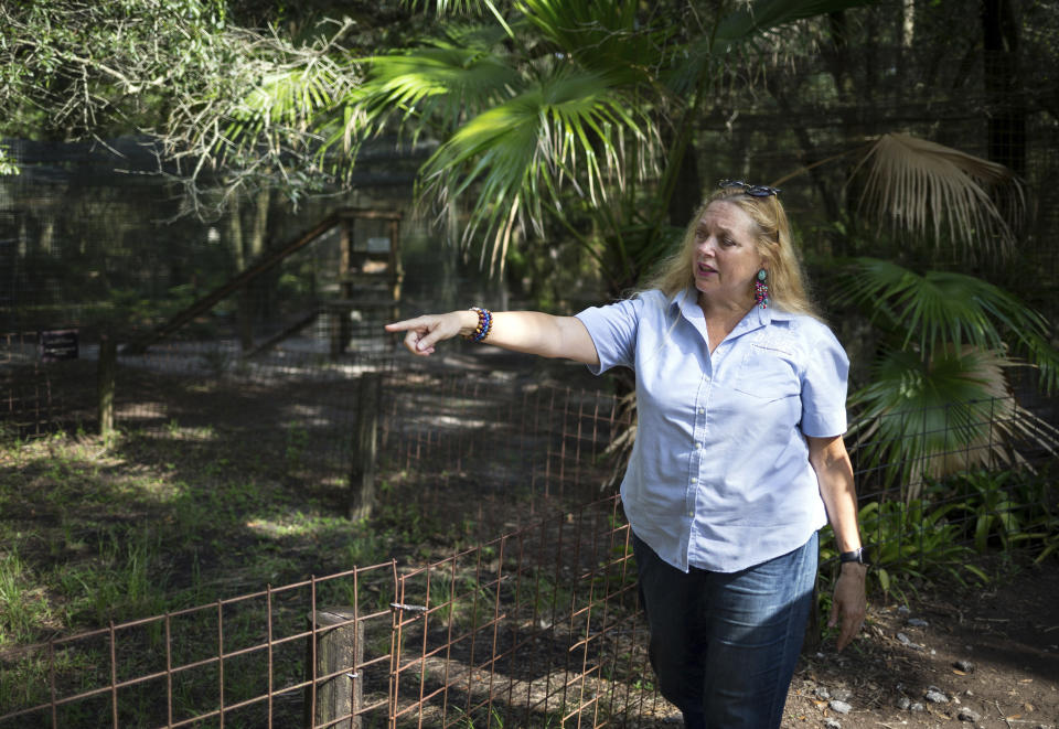 FILE - In this July 20, 2017, file photo, Carole Baskin, founder of Big Cat Rescue, walks the property near Tampa, Fla. A federal judge in Oklahoma has awarded ownership of the zoo made famous in Netflix's “Tiger King” docuseries to Joe Exotic's rival, Carole Baskin. In a ruling Monday, June 1, 2020, U.S. District Judge Scott Palk granted control of the Oklahoma zoo that was previously run by Joseph Maldonado-Passage — also known as Joe Exotic — to Big Cat Rescue Corp. (Loren Elliott/Tampa Bay Times via AP, File)