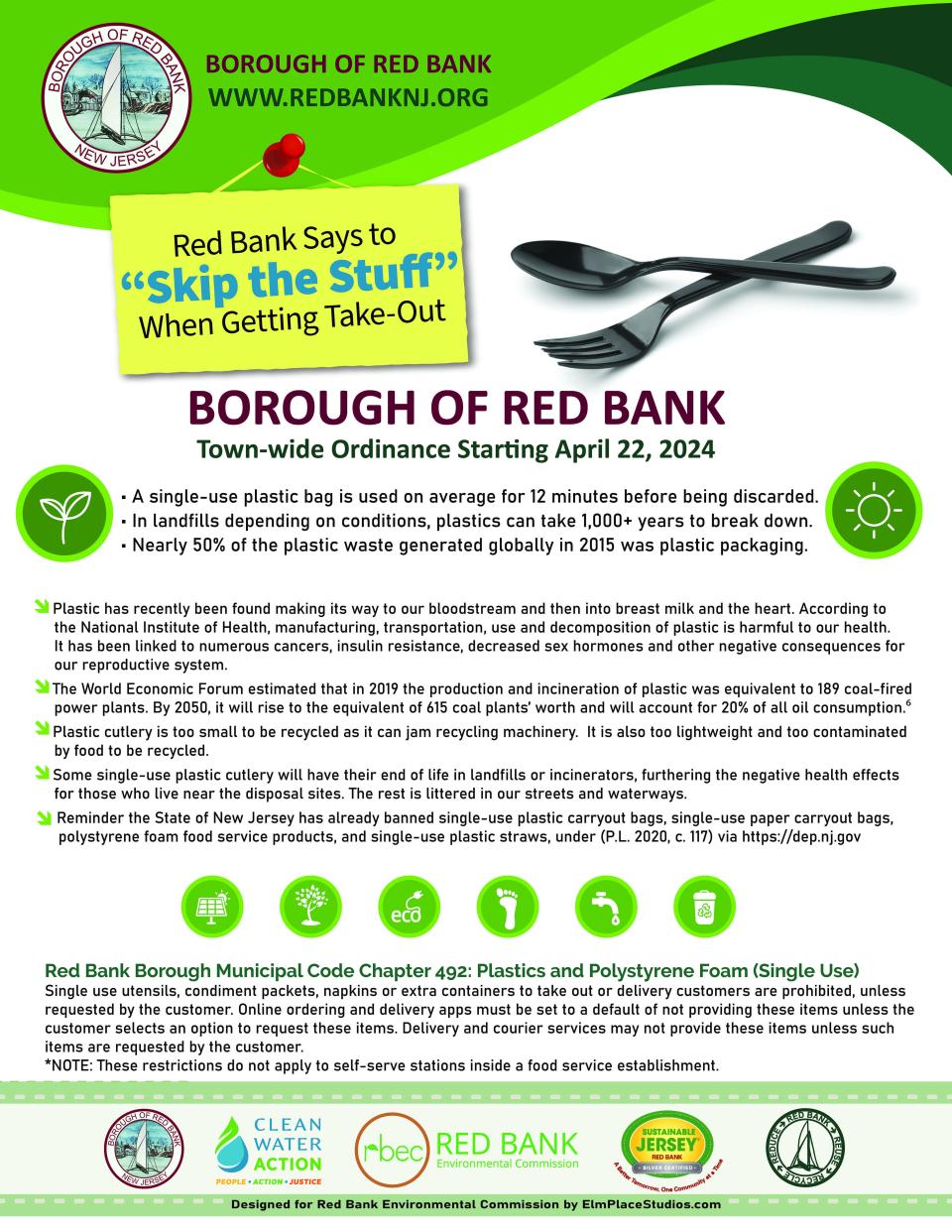 A flyer explaining Red Bank's "Skip the Stuff" ordinance, which means restaurants will no longer include plastic cutlery and similar items in takeout orders.