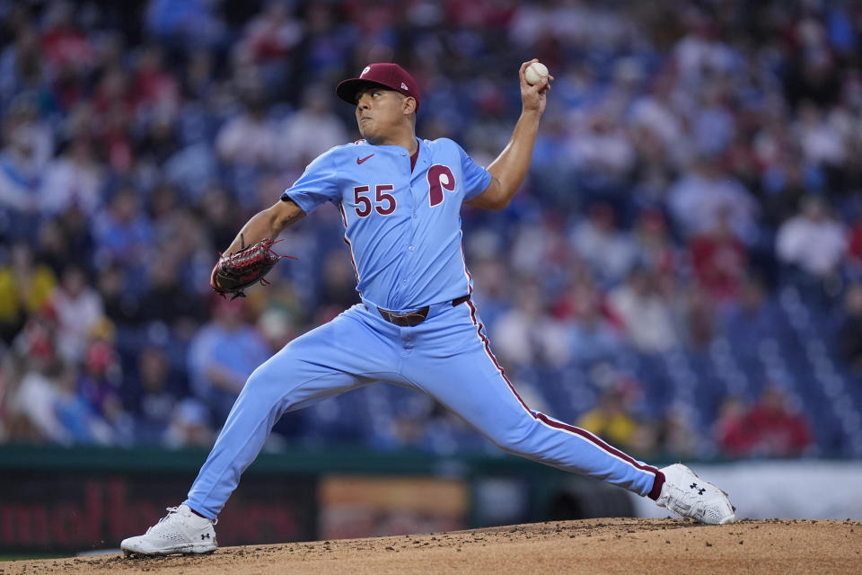 Philadelphia Phillies' Ranger Suárez pitches during the second inning of a baseball game against the Pittsburgh Pirates, Thursday, April 11, 2024, in Philadelphia. (AP Photo/Matt Rourke)