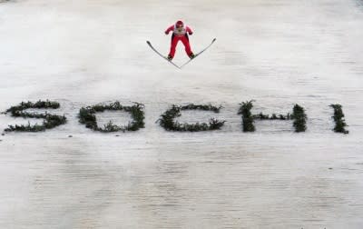 A competitor makes a Ski Jump during the FIS Ski Jumping World Cup at the RusSki Gorki venue on December 9, 2012 in Sochi, Russia.