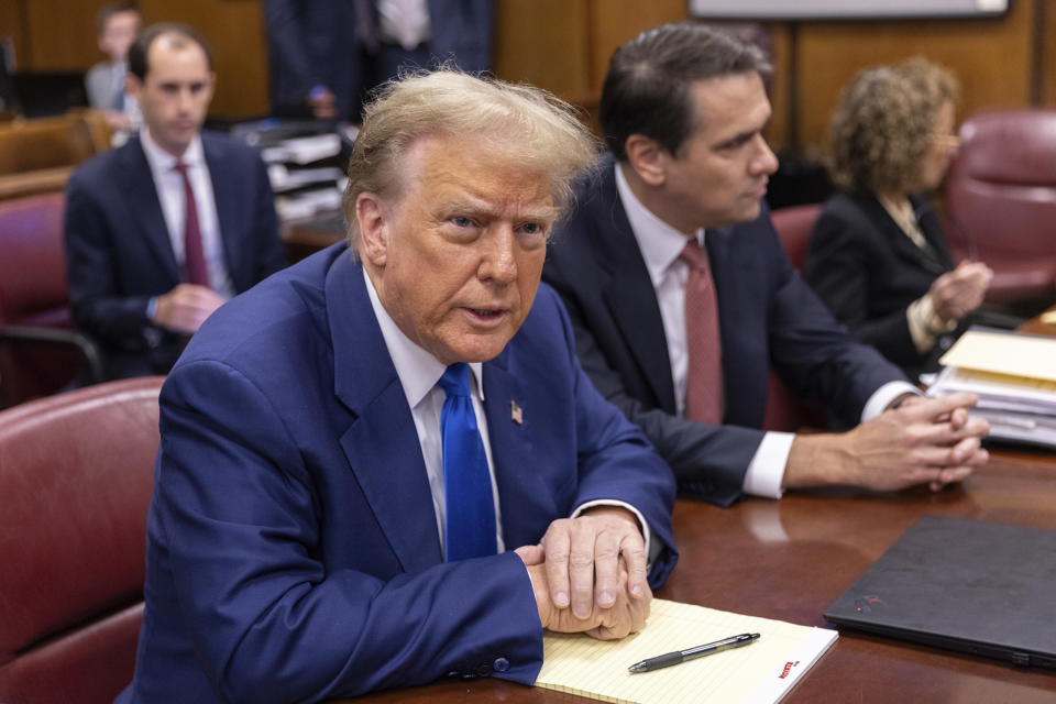 Former President Donald Trump appears at Manhattan criminal court before his trial in New York, Friday,, May 3, 2024. (Jeenah Moon/Pool Photo via AP)