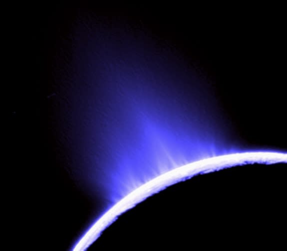 This photo of water geysers spouting from Saturn's moon Enceladus was taken by NASA's Cassini orbiter in October 2007