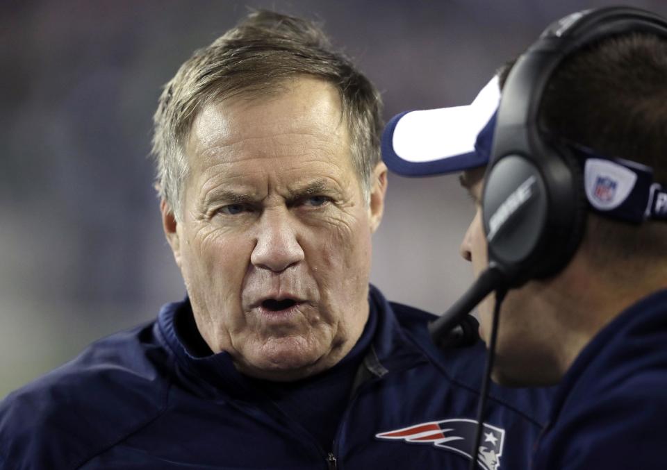 New England Patriots head coach Bill Belichick, left, talks to New offensive coordinator Josh McDaniels on the sideline during the second half of an NFL football game between the Patriots and the Baltimore Ravens, Monday, Dec. 12, 2016, in Foxborough, Mass. (AP Photo/Charles Krupa)