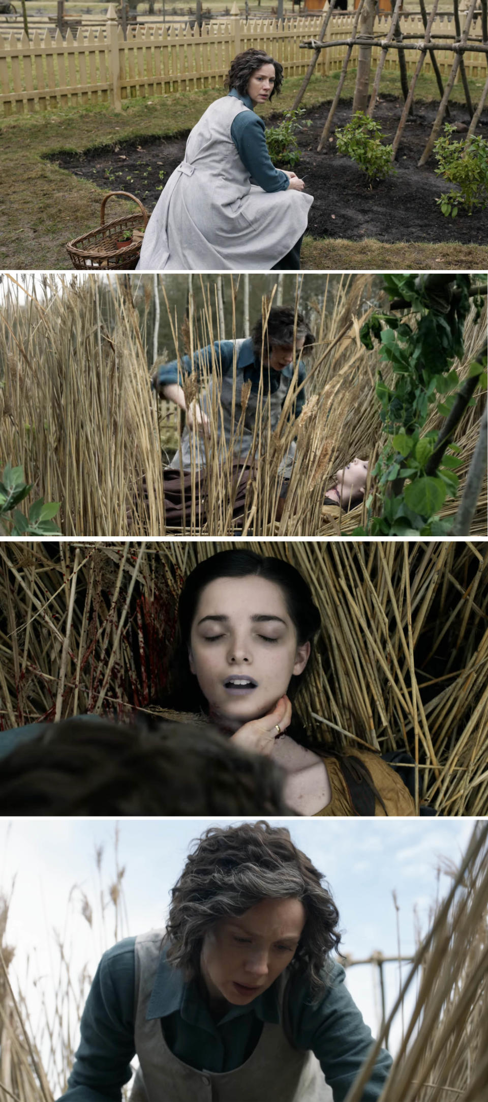 Claire crouching down in the field and checking Malva's pulse