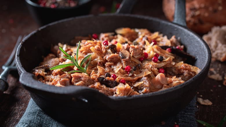 bigos in cast iron serving dish