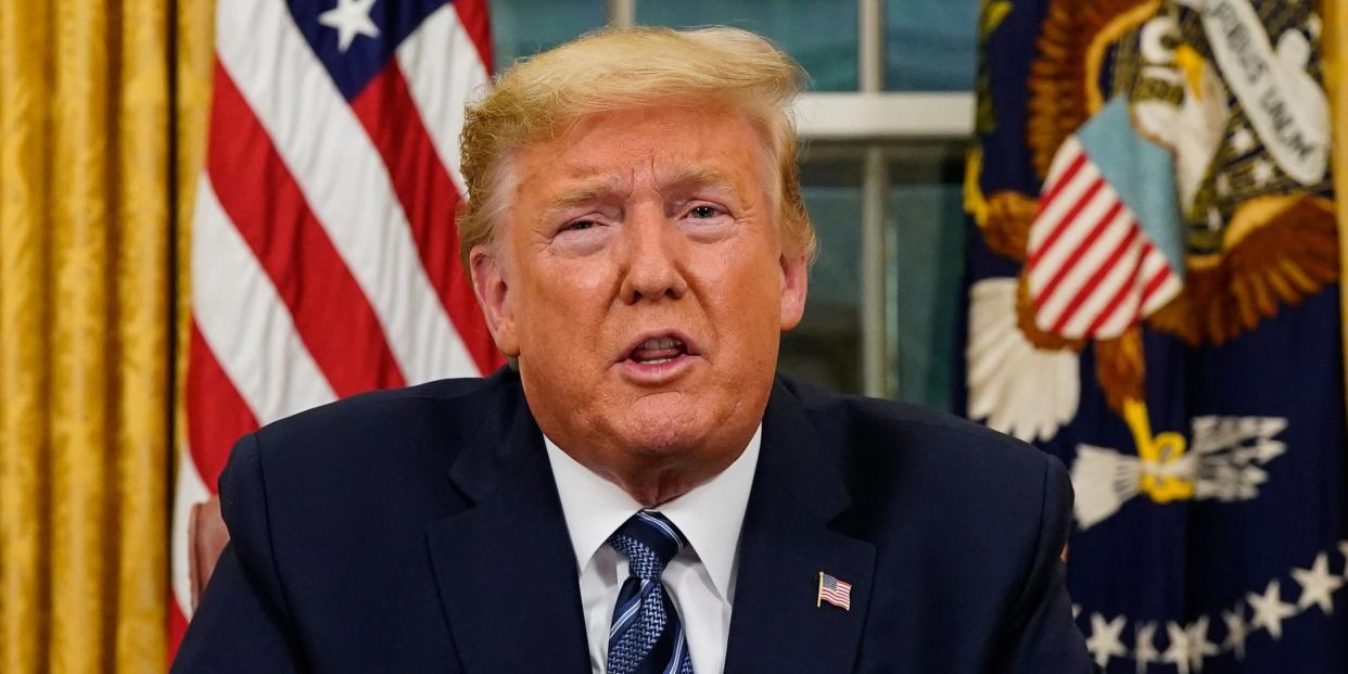 President Donald Trump speaks in an address to the nation from the Oval Office at the White House about the coronavirus Wednesday, March, 11, 2020, in Washington. (Doug Mills/The New York Times via AP, Pool)