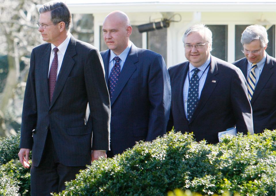 Barry Jackson (second from right), White House political adviser, walks with members of Sen. John McCain's senior campaign staff including Steve Schmidt (second from left) at the White House on March 5, 2008, before President Bush endorsed McCain for president.