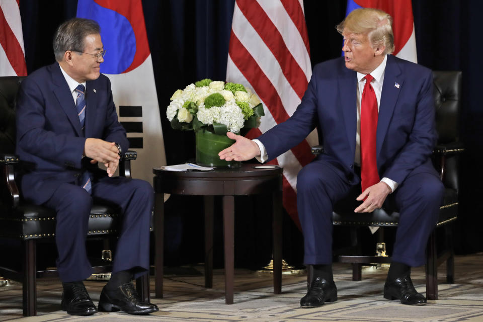 President Donald Trump meets with Korean President Moon Jae-in​ at the InterContinental Barclay hotel during the United Nations General Assembly, Monday, Sept. 23, 2019, in New York. (AP Photo/Evan Vucci)