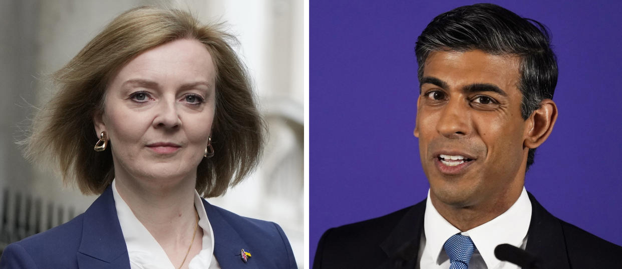FILE This combo of file photos shows the remaining candidates in the Conservative Party leadership race, former Chancellor of the Exchequer Rishi Sunak and Foreign Secretary Liz Truss. The two candidates to become Britain’s next prime minister have begun a head-to-head battle for the votes of Conservative Party members who will choose the country’s new leader. Former Treasury chief Rishi Sunak is promising fiscal prudence. (AP Photo, File)