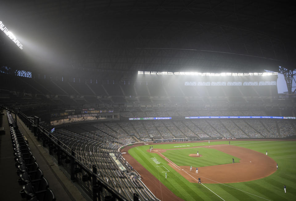 SEATTLE, WA - SEPTEMBER 14:  Wildfire smoke fills the air during the second game of a doubleheader between the Seattle Mariners and Oakland Athletics at T-Mobile Park on September 14, 2020 in Seattle, Washington. The Oakland Athletics beat the Seattle Mariners 9-0. (Photo by Lindsey Wasson/Getty Images)