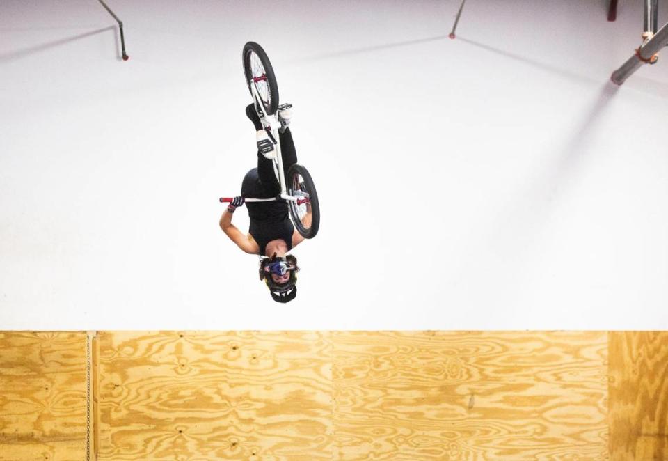 BMX rider Nikita Ducarroz trains for the Tokyo Olympics at the Daniel Dhers Action Sports Complex, on Tuesday, July 13, 2021, in Holly Springs, N.C.