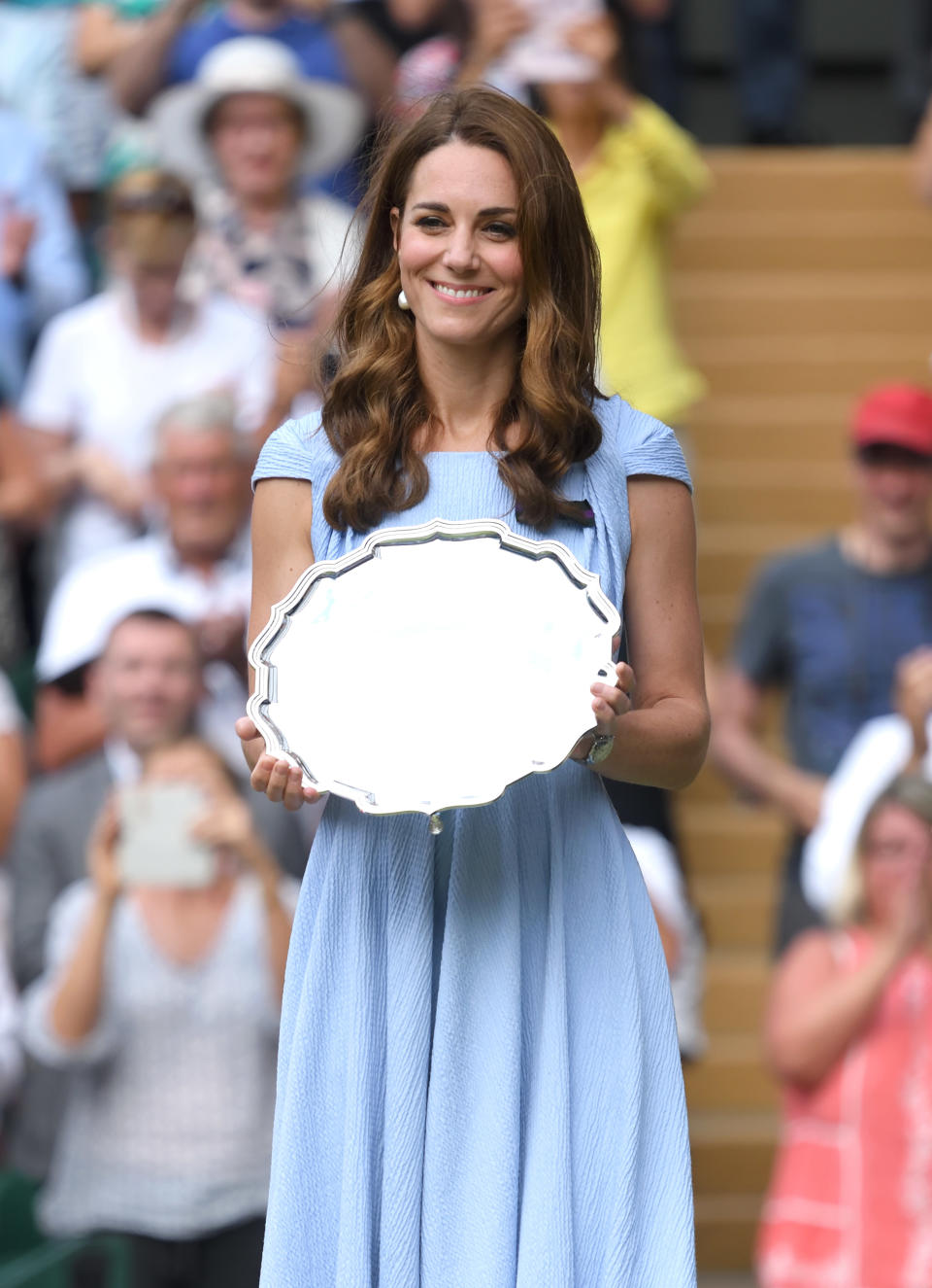 LONDON, ENGLAND - JULY 14: Catherine, Duchess of Cambridge on Centre court during Men's Finals Day of the Wimbledon Tennis Championships at All England Lawn Tennis and Croquet Club on July 14, 2019 in London, England. (Photo by Karwai Tang/Getty Images)