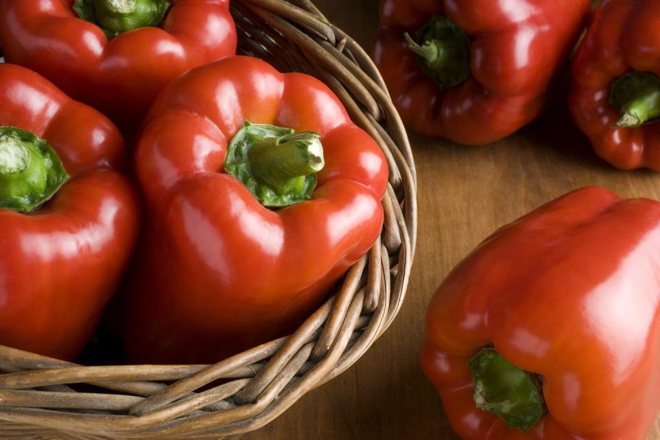 <p>Red bell peppers help reduce high blood pressure with the help of potassium and <a href="https://www.prevention.com/food-nutrition/g21288692/vitamin-a-foods/" rel="nofollow noopener" target="_blank" data-ylk="slk:vitamin A;elm:context_link;itc:0;sec:content-canvas" class="link ">vitamin A</a>. They're also high in fiber and vitamin C, making it a healthy snack with hummus. </p><p><strong>Try it:</strong> If your peppers going bad in the fridge, broil them with some olive oil or add them to scrambled eggs or a <a href="https://www.prevention.com/food-nutrition/a22750128/chicken-and-broccoli/" rel="nofollow noopener" target="_blank" data-ylk="slk:stir-fry;elm:context_link;itc:0;sec:content-canvas" class="link ">stir-fry</a>.<br></p>