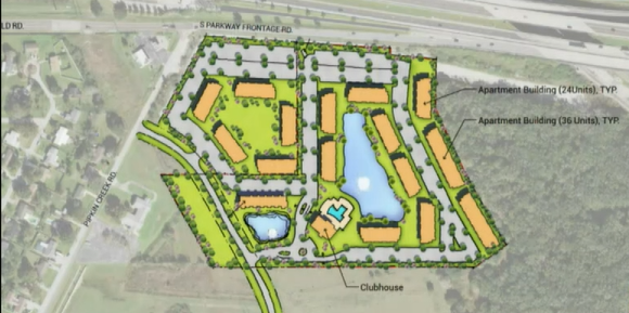 A rendering of the complete apartment complex proposed by Alliance Residential Company, combining both the property in question and the parcel owned by the Lakeland Housing Authority.