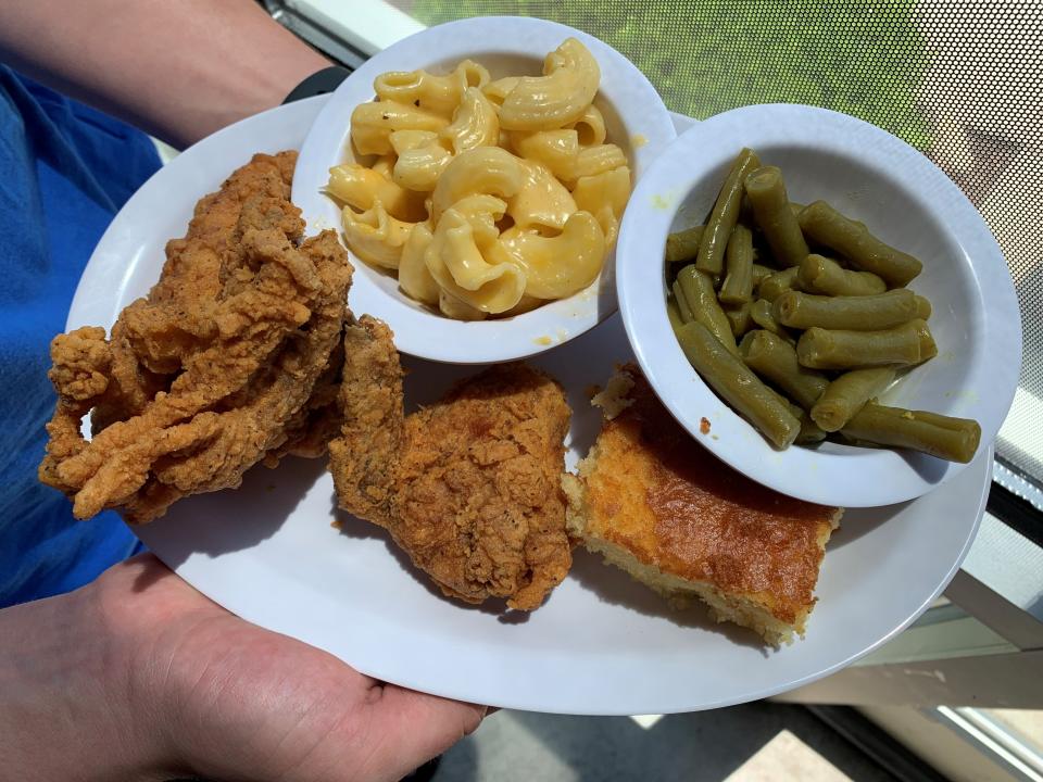 Fried chicken, sweet cornbread, macaroni and cheese, and green beans from FKS Kitchen in Murfreesboro.