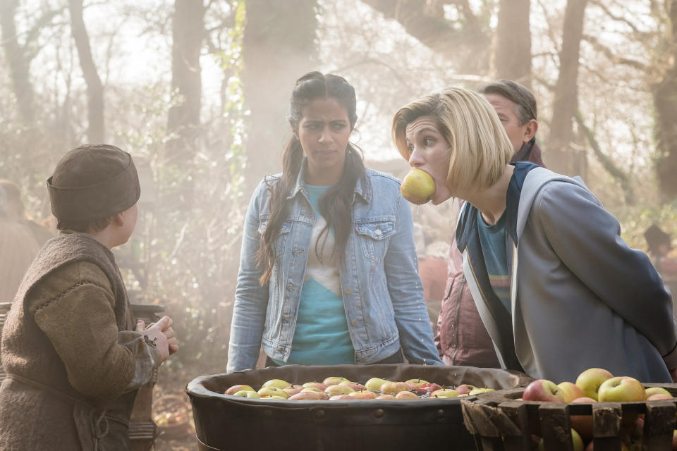 Mandip Gill, Jodie Whittaker and Bradley Walsh in Doctor Who: The Witchfinders (BBC)