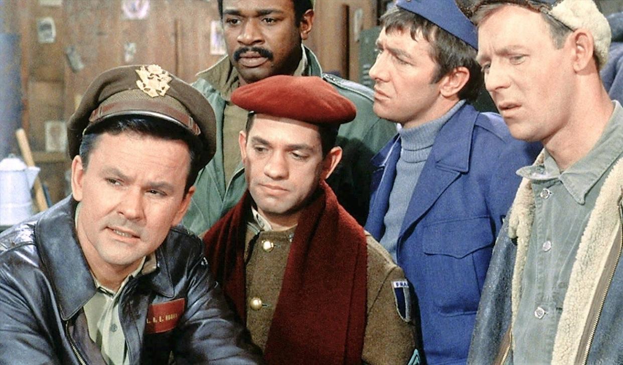 Publicity still of "Hogan's Heroes" cast with Clary (center), who played Corporal LeBeau.