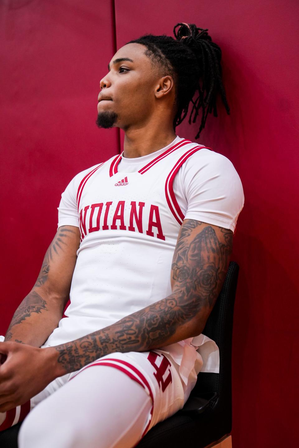 Indiana Hoosiers guard Jakai Newton answers a question Wednesday, Sept. 18, 2024, during IU men’s and women’s basketball media day at Simon Skjodt Assembly Hall in Bloomington.