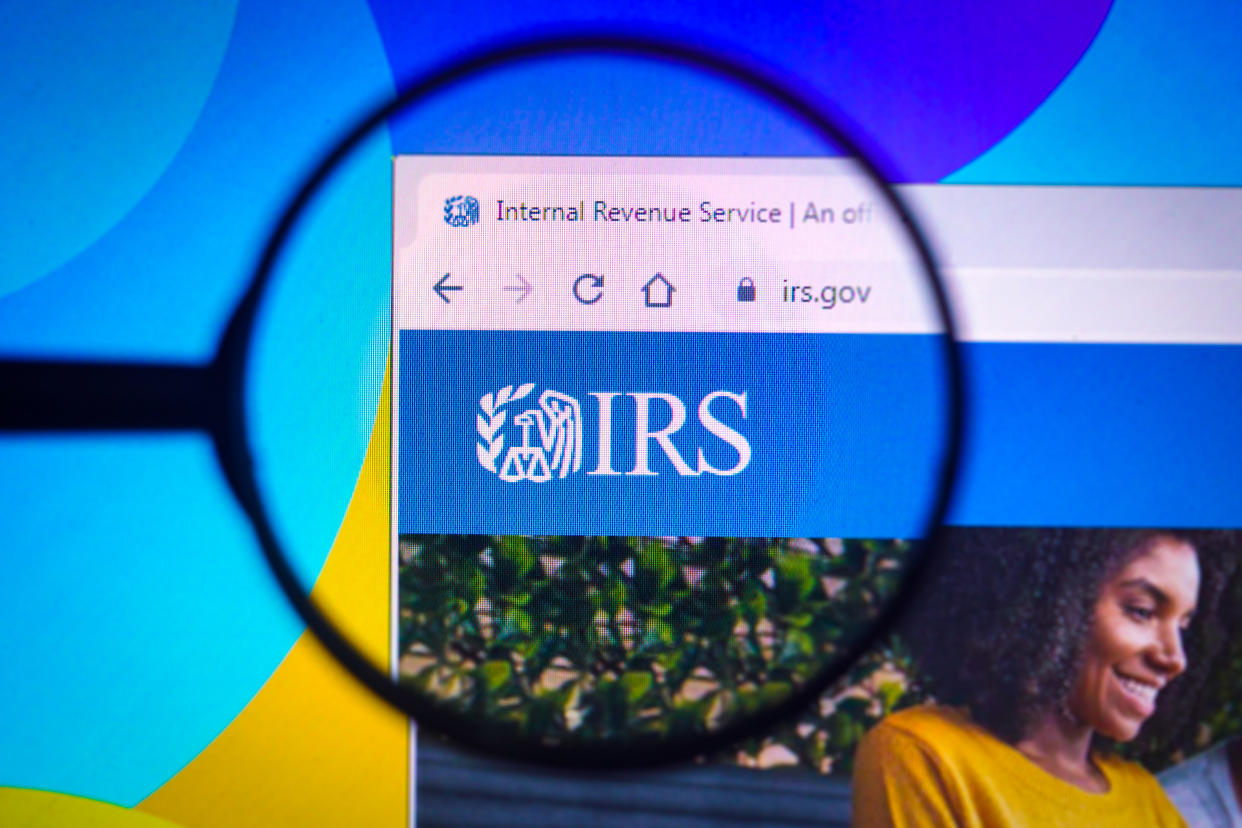 BRAZIL - 2022/05/22: In this photo illustration, the homepage of the Internal Revenue Service (IRS) website seen on a computer screen through a magnifying glass. (Photo Illustration by Rafael Henrique/SOPA Images/LightRocket via Getty Images)