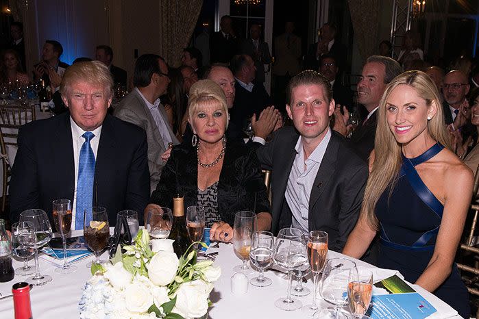 Donald Trump, Ivana Trump, Eric Trump and Lara Yunaska in 2014. Image: Getty