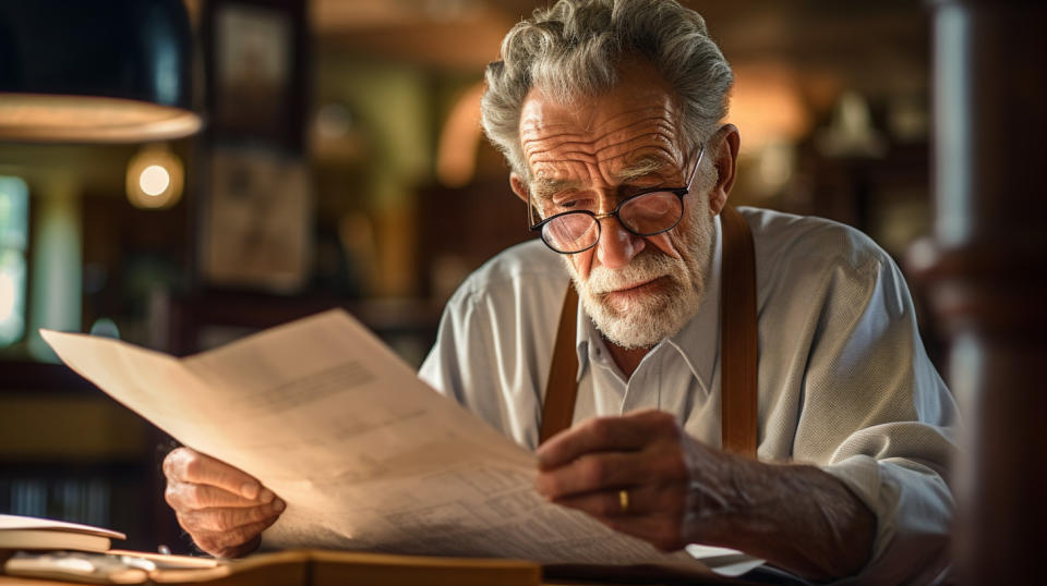 An old man wide-eyed, examining financial documents at his local bank. 