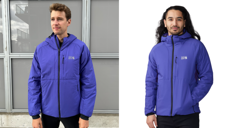 split screen of man wearing purple mountain hardwear jacket, The Kor Stasis Hoody is your late-fall, early-winter staple (photos via author & Mountain Hardwear).
