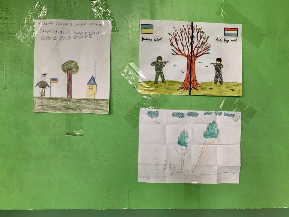 local and international volunteers support the resistance against the russian military in ukraine students’ drawings at a mykolaiv school