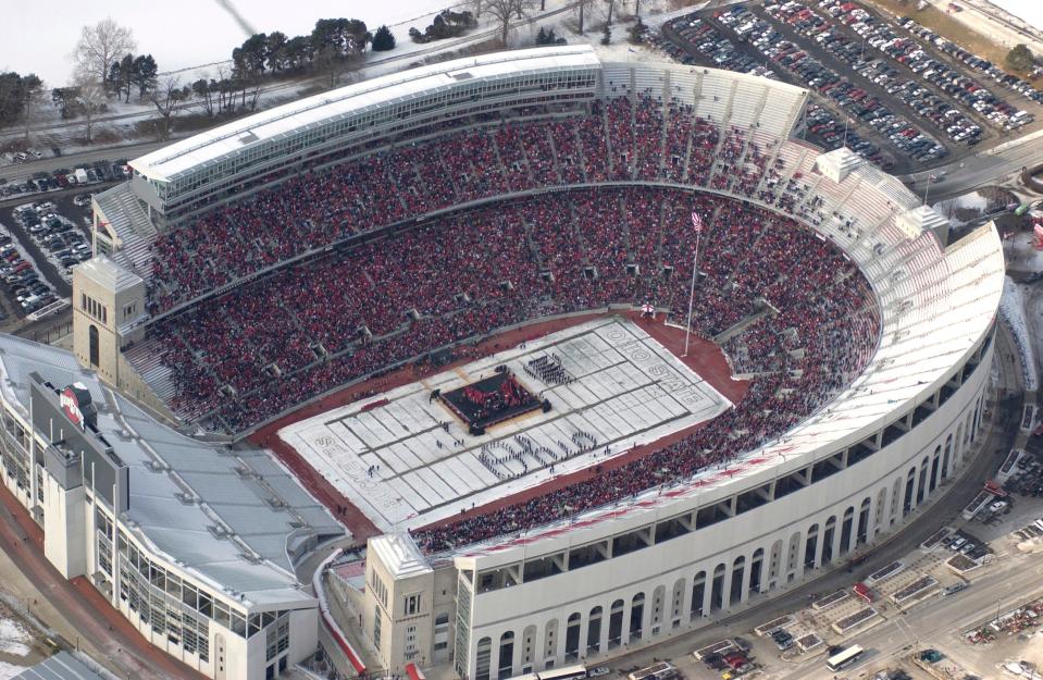 An aerial photo of Ohio Stadium as Ohio State University celebrated the 2002 national championship college football season on Saturday, January 18, 2003. 