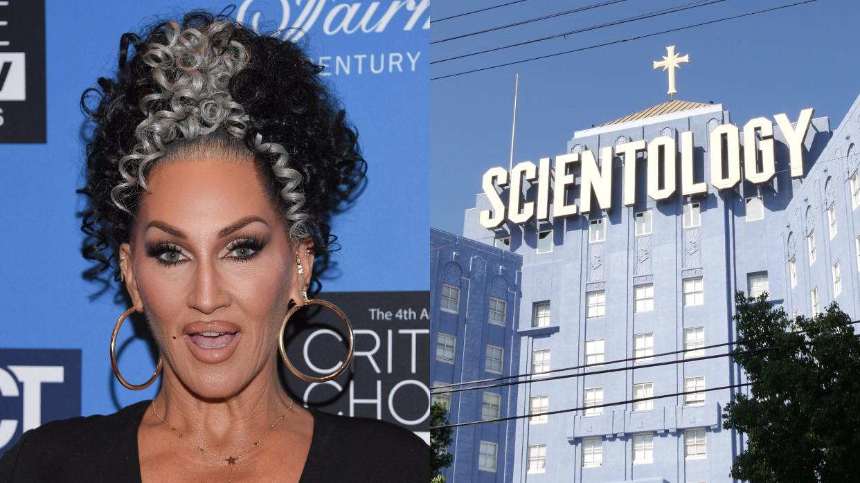 (L) Michelle Visage and (R) a Scientology building