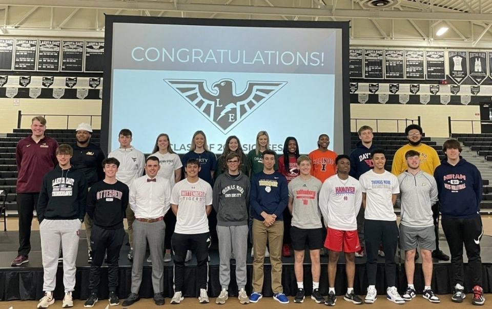 Lakota East athletes recently celebrated Signing Day, as they signed to play college sports. They include, in alphabetical order: A’zariyah Bryant, track and field, University of Illinois; Sydney Chenault, basketball, University of Cincinnati-Clermont; Jaden Coles, basketball, Thomas More University; Isabelle Gomez, swimming, Liberty University; Thomas “T.J.” Kathman, football, University of Dayton; Charlie Kenrich, football, Purdue University; Adam McDonald, swimming, West Virginia University; Natalia Morales, soccer, University of Wisconsin-Green Bay; Sebastian Navarro, volleyball, Hiram College; Jaiden Palmore-Lett, football, Ashland University; Jack Pascoal, soccer, Wittenberg University; Kobe Peck, basketball, Hanover College; Greg Roberson, football, Ashland University; Nathan Rosario-Santos, football, Notre Dame College; Eryn Rose, rowing, Michigan State University; Sarah Sewak, basketball,  Huntington University; Colten Simkins, lacrosse, Wittenberg University; Cameron Uhl, golf, Otterbein University; Ethan “E.J.” Upton, lacrosse, Earlham College; Caleb Van Hooser, football, Indiana State University; Olivia Hines, basketball, Tiffin University; Ian Zech, volleyball, Thomas More University; Cody Watkins, baseball, Thomas More University and Joe Wilson, golf, The Ohio State University