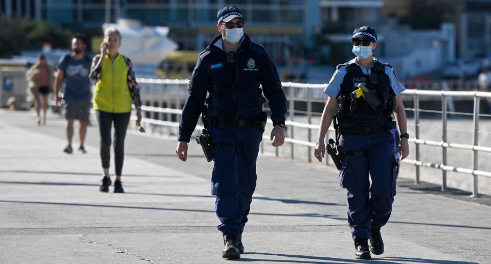 NSW Police officers patrol Bondi Beach in Sydney. Source: AAP